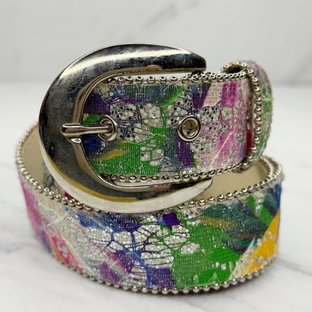 Vintage Womens Elite Metallic Rainbow Floral Glitter Belt Medium (M) ✨